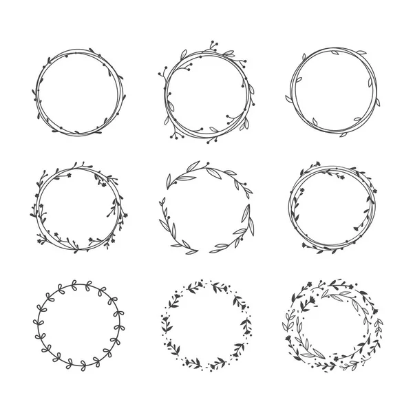 Floral Circle Wreath Frame Vector Template Branches Leaves Flowers Doodle — Stok Vektör