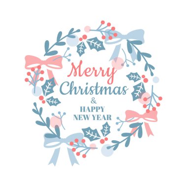 Mutlu Noeller çiçekli vektör çelengi. Yeni yıl için renkli çerçeve veya tebrik kartı.