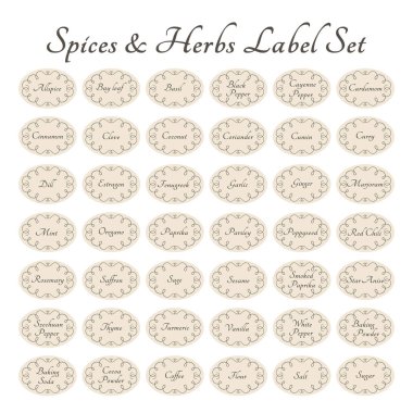Baharatlar ve bitkiler mutfak kavanozu için vektör etiketi. Baharat elips vintage etiketleri.
