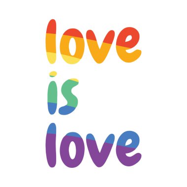 Love is love lettering with lgbt flag. Colorful rainbow with love saying or phrase.