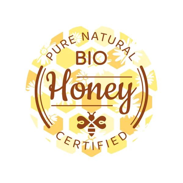 Bio Honing Label Kleurrijke Badge Met Bloem Honingraat — Stockvector