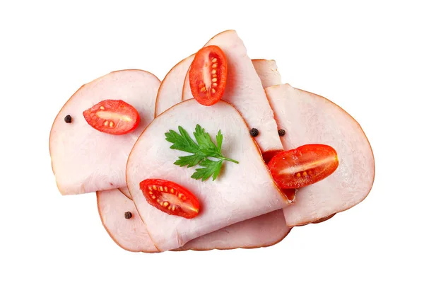 Sliced Cold Smoked Turkey Breast Isolated White Background Top View — Stock Photo, Image