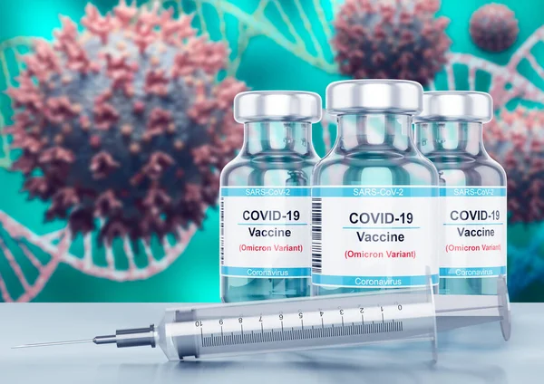 Omicron Coronavirus aşı şişesi, yeni Covid-19 çeşidi. Seçici odaklanma. 3B görüntüleme