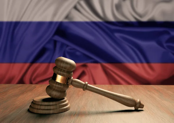 Wooden judge\'s gavel Symbol of law and justice with the flag of Russia. Russian judicial system. 3D Rendering