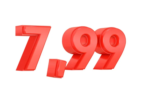 数字7 99红色货币体系价格符号孤立在白色背景 3D渲染 — 图库照片