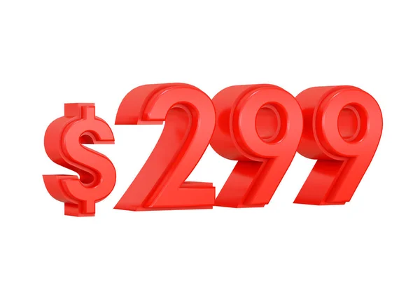 Röd 299 Dollar Prissymbol Isolerad Vit Bakgrund Konvertering — Stockfoto