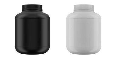 Beyaz arka planda izole edilmiş siyah ve beyaz gerçekçi plastik şişe beyaz protein modeli. Spor malzemeleri, vücut geliştirme malzemeleri. 3B görüntüleme
