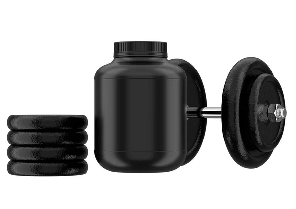 白い背景に隔離されたホエイタンパク質とダンベルモックアップの現実的な黒いプラスチックボトル スポーツ栄養 ボディビルディングサプリメント 3Dレンダリング — ストック写真