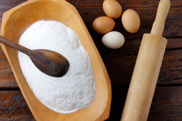 Raw Organic Rice Flour Bowl Rustic Wooden Table Gluten Free — Stock Photo, Image