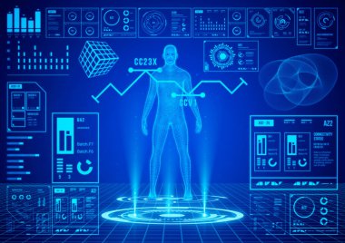 Mavi hologram hud ui insan vücudu tarama arayüzü. Sağlık analizi uygulaması ekranı. Infographic Futuristik Tıp Konsepti. 3B illüstrasyon
