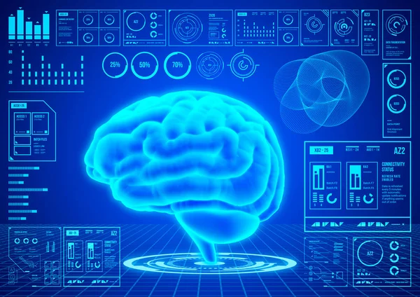 Hud UI brain function analysis interface. Futuristic Diagnostic Scanner app screen. 3D illustration