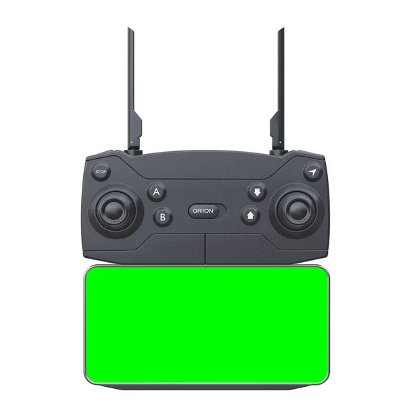 Drone Fjärrkontroll Med Grön Skärm Smartphone Mockup Isolerad Vit Bakgrund — Stockfoto