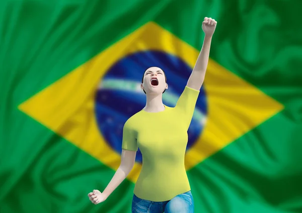 Brazilian Fan Woman Celebrating Brazil Victory Flag Brazilian Celebrating Independence — Stockfoto