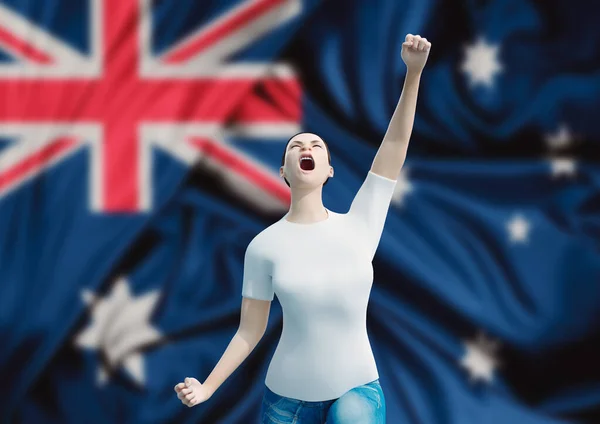 Australian fan woman celebrating Australia victory with flag. Australian celebrating the independence of Australia. 3D illustration