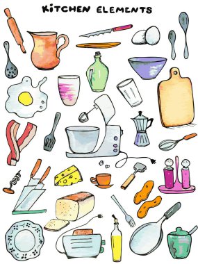 Elle çizilmiş ve karalama stilinde vektör olarak çizilmiş komik mutfak elemanları kümesi. Ev yapımı şablon için parlak vektör çizimleri, bulaşık takımları ve yemek pişirme kitabı simgeleri