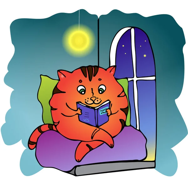 Akşam kitap okuyan turuncu kedi ya da kaplan. Çocuk kitabı illüstrasyonu, kart baskısı, kitapçı ikonu için sevimli kedi karakterinin parlak karalama çizimi