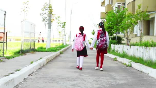 Små student flickor gå i skolan i city — Stockvideo