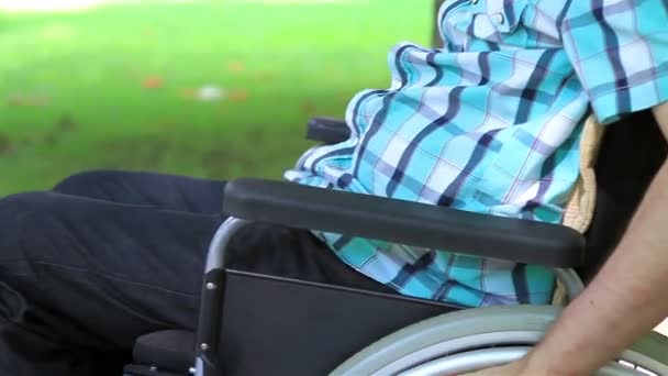 Ung man i en rullstol i parken — Stockvideo