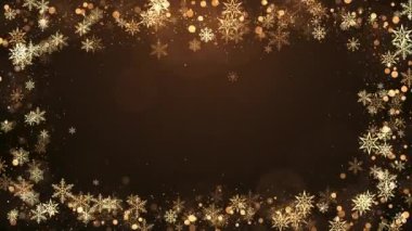 Noel kar taneleri çerçevesi, ışık ve altın zemin üzerinde parçacıklar. Kış, Noel, yeni yıl, tatil çerçevesi konsepti. Kusursuz döngü 4K