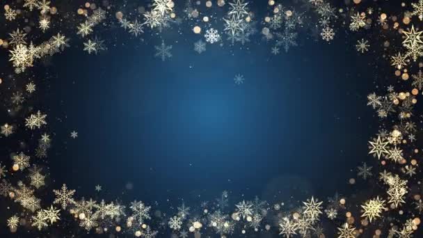 Moldura Flocos Neve Natal Com Luzes Partículas Fundo Azul Inverno — Vídeo de Stock