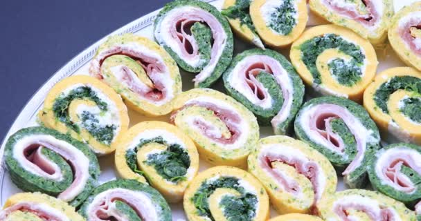 Spinach Rolls Cheese Ham Homemade Healthy Appetizers Presentation Dolly Shot — Stock Video