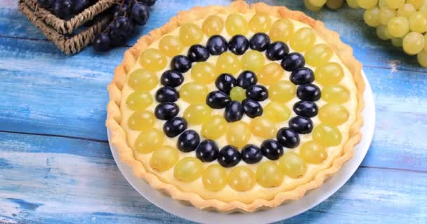 Grape Tart Vanilla Cream Blue Wooden Table Healthy Homemade Dessert — Stock Video