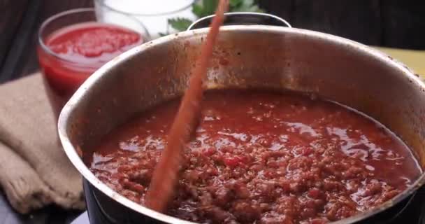 Molho Bolonhês Fervendo Uma Panela Massa Lasanha Cozinhar Conceito Molho — Vídeo de Stock