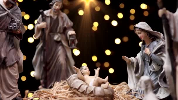 Natividad Jesucristo Con Luces Atmosféricas Natividad Jesucristo Con Estatuillas Partículas — Vídeos de Stock