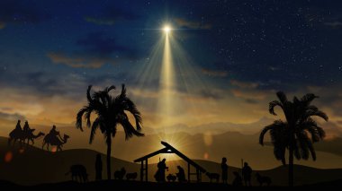 Kıvılcımlar saçan yıldızlı Noel Sahnesi ve İsa 'nın doğumu karakterleriyle daha parlak Bethlehem yıldızı. Hayvanlar ve ağaçlar. Yıldızlı gökyüzünün altında ve hareket eden ince bulutların altında İsa 'nın doğuşu hikayesi.