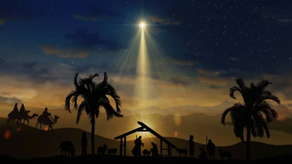 Kıvılcımlar saçan yıldızlı Noel Sahnesi ve İsa 'nın doğumu karakterleriyle daha parlak Bethlehem yıldızı. Hayvanlar ve ağaçlar. Yıldızlı gökyüzünün altında ve hareket eden ince bulutların altında İsa 'nın doğuşu hikayesi.