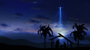 Parlayan yıldızlı Noel Sahnesi ve hareketli ağaçlı Beytüllahim 'in daha parlak yıldızı. Doğumun kusursuz döngüsü Noel hikayesi yıldızlı gökyüzünün altında ve hareket eden ince bulutlar. 4k