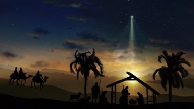 Kıvılcımlar saçan yıldızlı Noel Sahnesi ve İsa 'nın doğumu karakterleriyle daha parlak Bethlehem yıldızı. Hayvanlar ve ağaçlar. Doğumun kusursuz döngüsü Noel hikayesi yıldızlı gökyüzünün altında ve hareket eden ince bulutlar. 