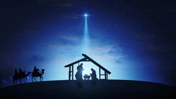 Scena Bożonarodzeniowa Błyszczącymi Gwiazdami Jaśniejszą Gwiazdą Betlejem Mędrcami Płynna Pętla — Wideo stockowe