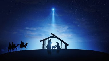 Kıvılcımlar saçan yıldızlı Noel Sahnesi ve doğuş karakterleri olan, daha parlak Bethlehem yıldızlı animasyon hayvanları. Yıldızlı gökyüzü ve ince bulutların altında İsa 'nın doğuşu hikayesi.