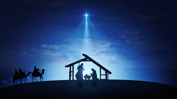 Kıvılcımlar saçan yıldızlı Noel Sahnesi ve doğuş karakterleri olan, daha parlak Bethlehem yıldızlı animasyon hayvanları. Yıldızlı gökyüzü ve ince bulutların altında İsa 'nın doğuşu hikayesi.