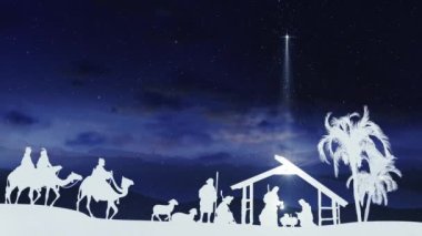 Kıvılcımlar saçan yıldızlı Noel Sahnesi ve İsa 'nın doğumu karakterleriyle daha parlak Bethlehem yıldızı. Hayvanlar ve ağaçlar. Mavi gökyüzünün altında kusursuz bir Noel hikâyesi ve hareket eden ince bulutlar. 4k