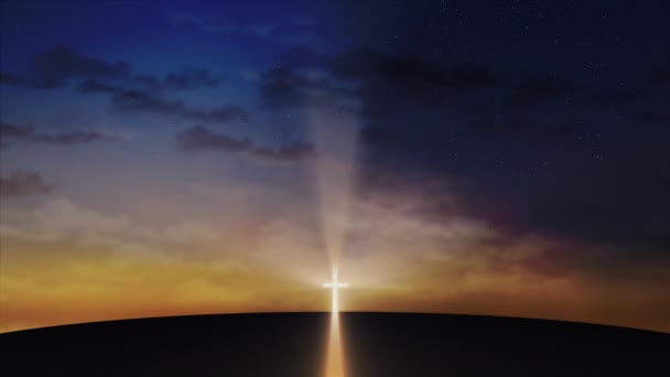 Cruzamento Brilhante Colina Com Nuvens Movendo Céu Estrelado Páscoa Ressurreição — Vídeo de Stock