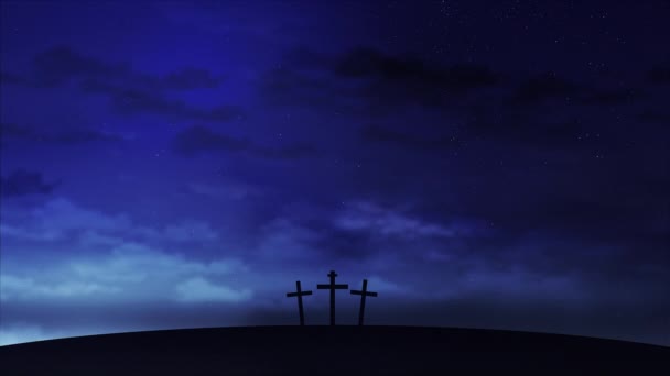 Tres Cruces Colina Con Nubes Moviéndose Sobre Cielo Estrellado Azul — Vídeo de stock
