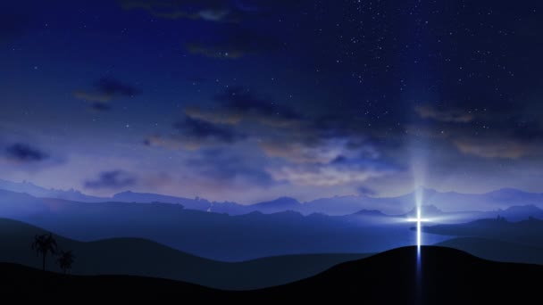 雲が青い星空の上を移動し 丘の上に明るいクロス 復活祭 新しい命 贖いの概念 シームレスループの背景4K — ストック動画