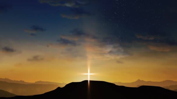 Cruzamento Brilhante Colina Com Nuvens Movendo Céu Estrelado Páscoa Ressurreição — Vídeo de Stock