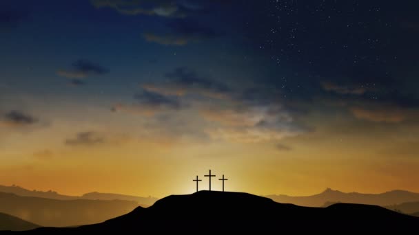 Три Хрести Пагорбі Хмарами Рухаються Зоряному Небі Великдень Воскресіння Нове — стокове відео