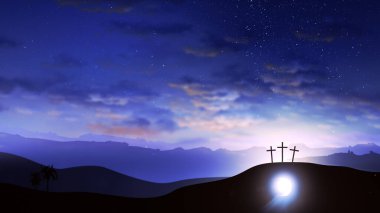 Tepede üç haç ve yıldızlı gökyüzünde hareket eden bulutlarla birlikte İsa 'nın mezarı. Paskalya, diriliş, yeni hayat, kefaret kavramı.