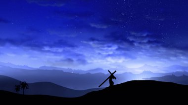 Yüce İsa çarmıhı taşıyan tepeye tırmanıyor. Paskalya, diriliş, Calvary, kefaret kavramı.