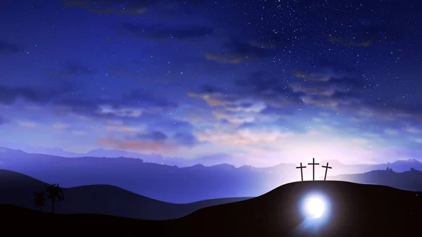 Drei Kreuze Auf Dem Hügel Und Jesu Grab Mit Wolken — Stockfoto
