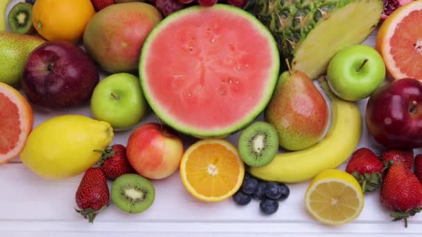 Assorted Fresh Fruits Healthy Eating Watermelon Pineapple Apple Pear Strawberry — Stock video