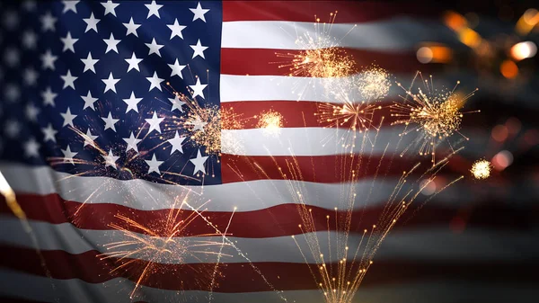 Amerikaanse Vlag Wapperend Met Vuurwerk Juli Onafhankelijkheid Memorial Viering Vuurwerk — Stockfoto