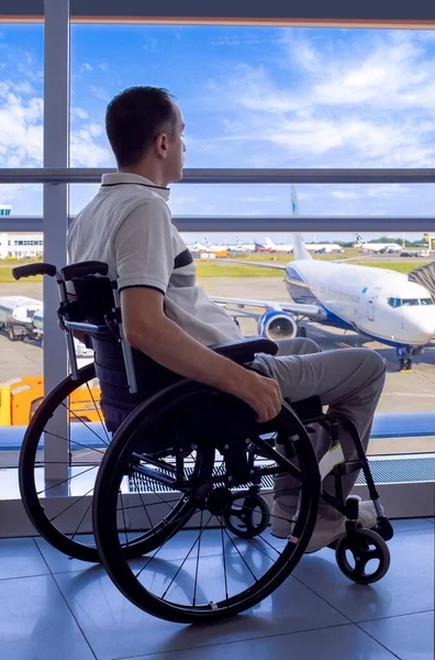Young Man Wheelchair Airport Closeup — Fotografia de Stock