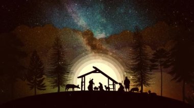 Christmas Scene animation with twinkling stars and nativity characters animated animals and trees. Seamless Loop of Nativity Christmas story under starry sky and moving wispy clouds. 4k