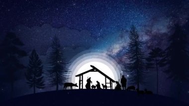 Christmas Scene animation with twinkling stars and nativity characters animated animals and trees. Seamless Loop of Nativity Christmas story under starry sky and moving wispy clouds. 4k
