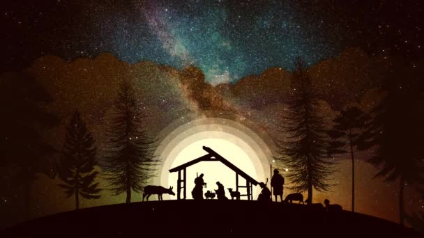 Christmas Scene Animation Twinkling Stars Nativity Characters Animated Animals Trees — Vídeos de Stock